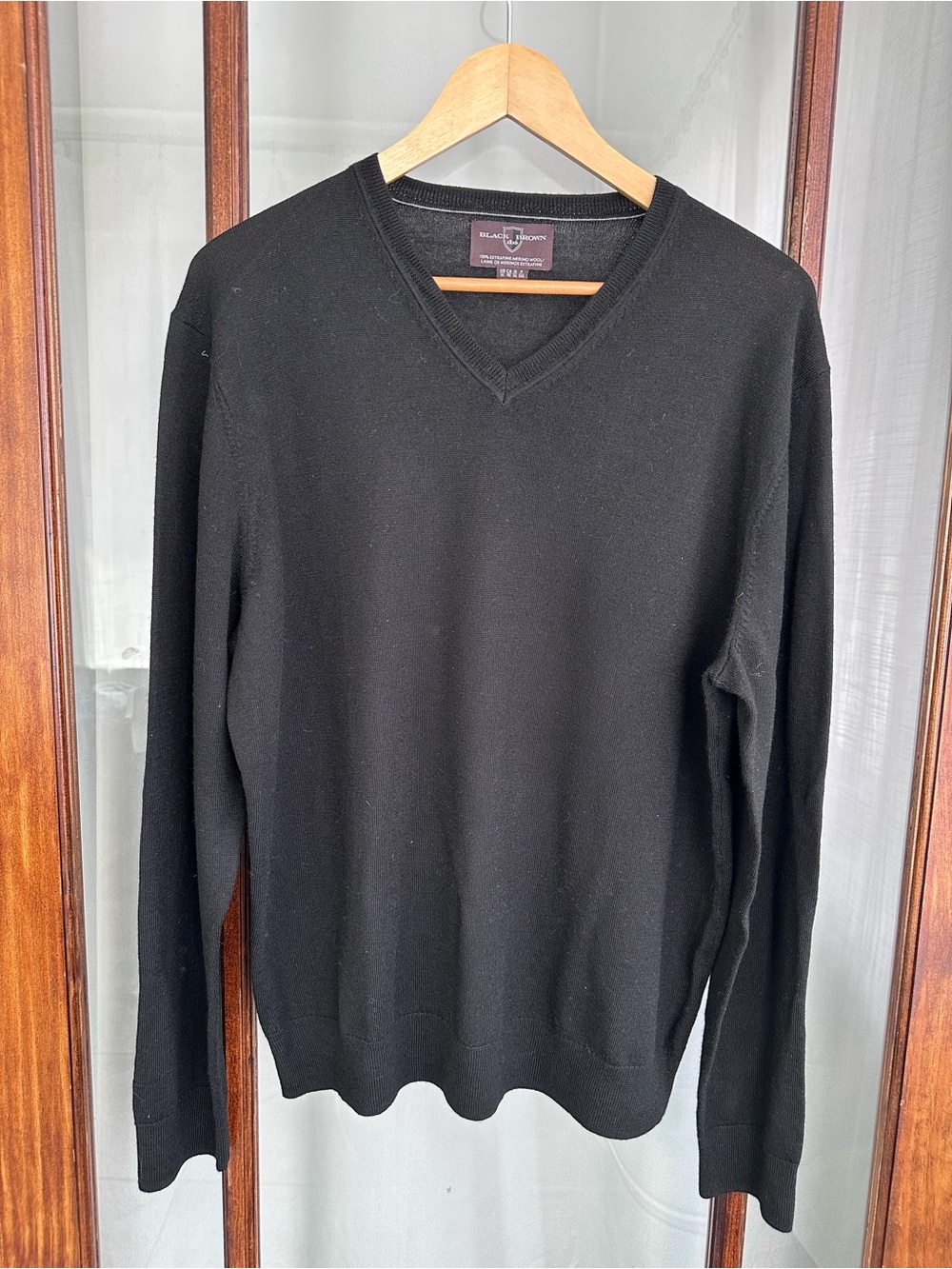 Black Brown 1826 Sweater Mens Merino Wool V Neck Pullover Size XL Black